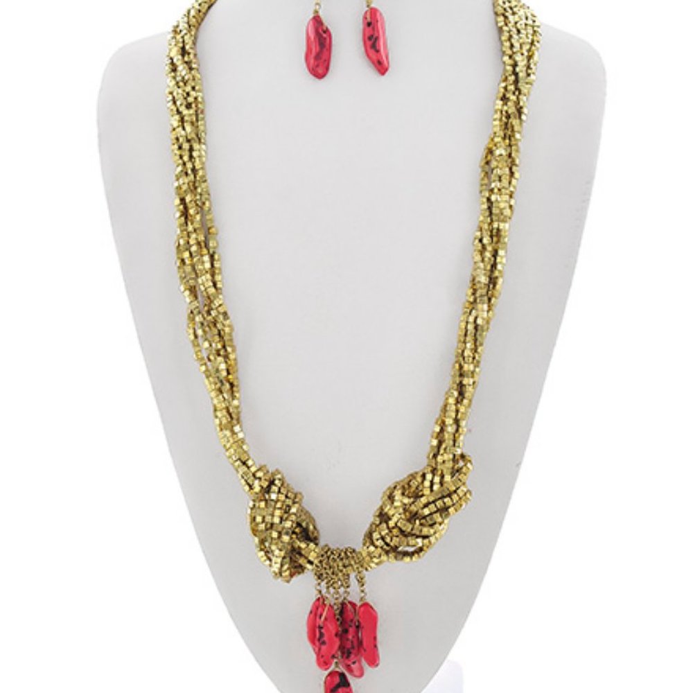 BURNISHED GOLD & CORAL MULTI STRAND Y NECK SET
